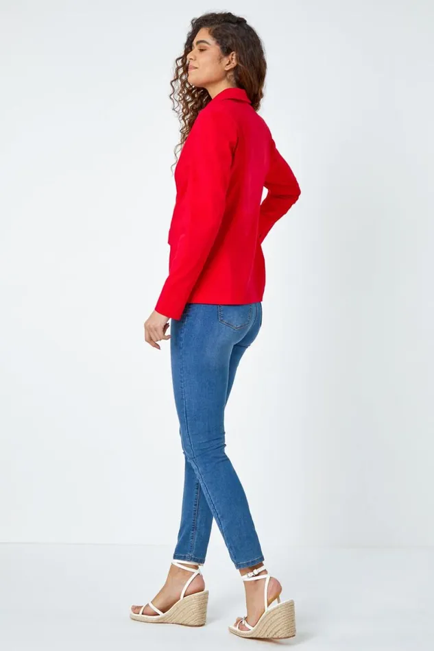 Women Red Button Detail Stretch Blazer Roman Jackets