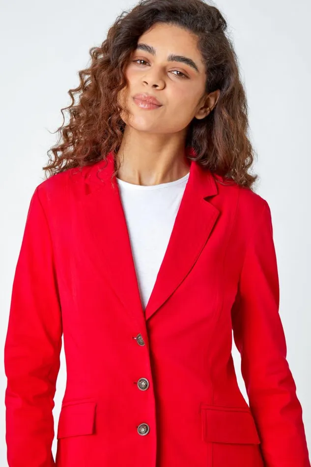Women Red Button Detail Stretch Blazer Roman Jackets