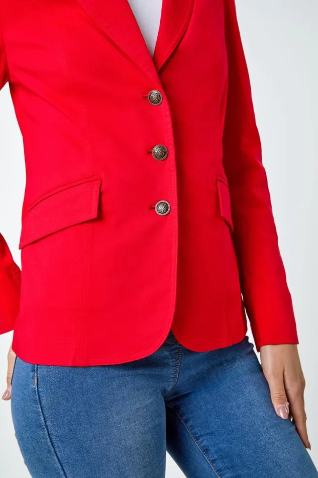 Women Red Button Detail Stretch Blazer Roman Jackets