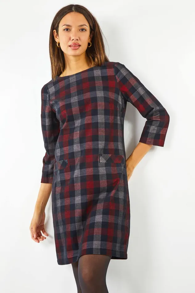 Women Red Check Print Pocket Detail Shift Dress Roman Dresses