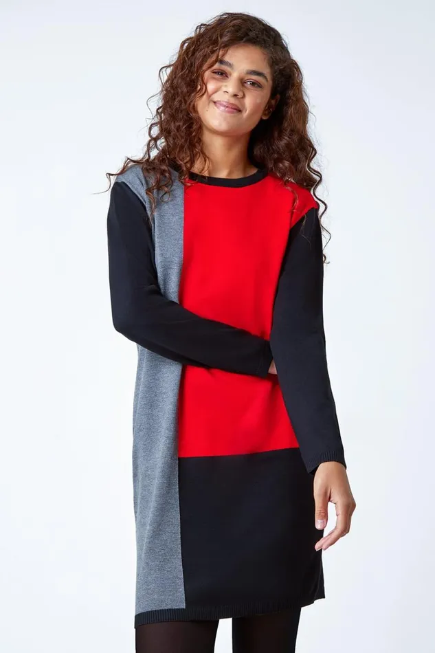 Women Red Colour Block Knitted Jumper Dress Roman Dresses