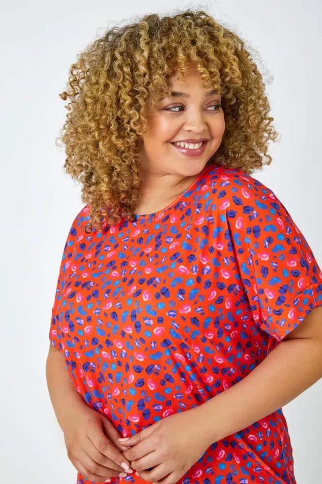 Women Red Curve Animal Print Stretch Tunic Top Roman Tops