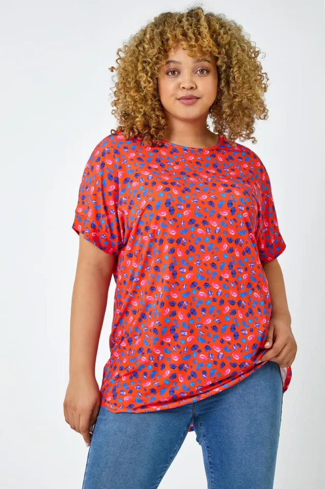 Women Red Curve Animal Print Stretch Tunic Top Roman Tops
