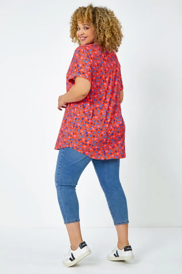Women Red Curve Animal Print Stretch Tunic Top Roman Tops