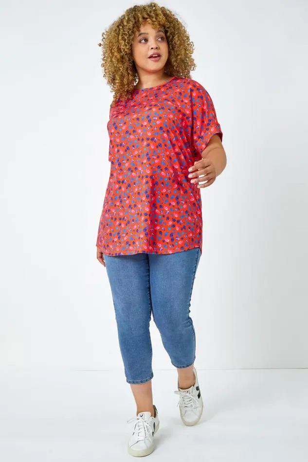 Women Red Curve Animal Print Stretch Tunic Top Roman Tops