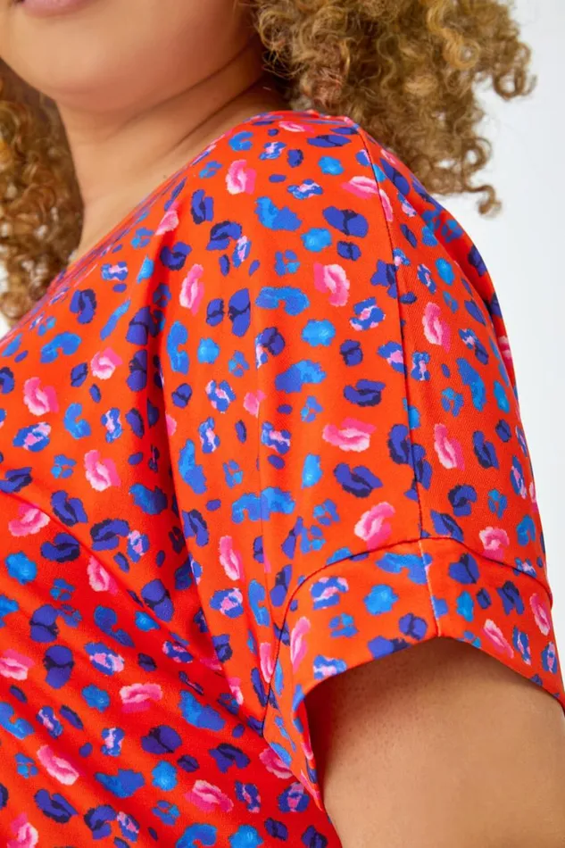 Women Red Curve Animal Print Stretch Tunic Top Roman Tops