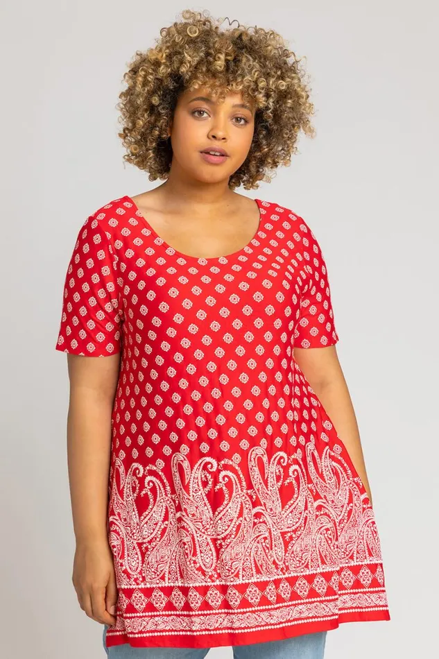 Women Red Curve Paisley Border Print Top Roman Tops