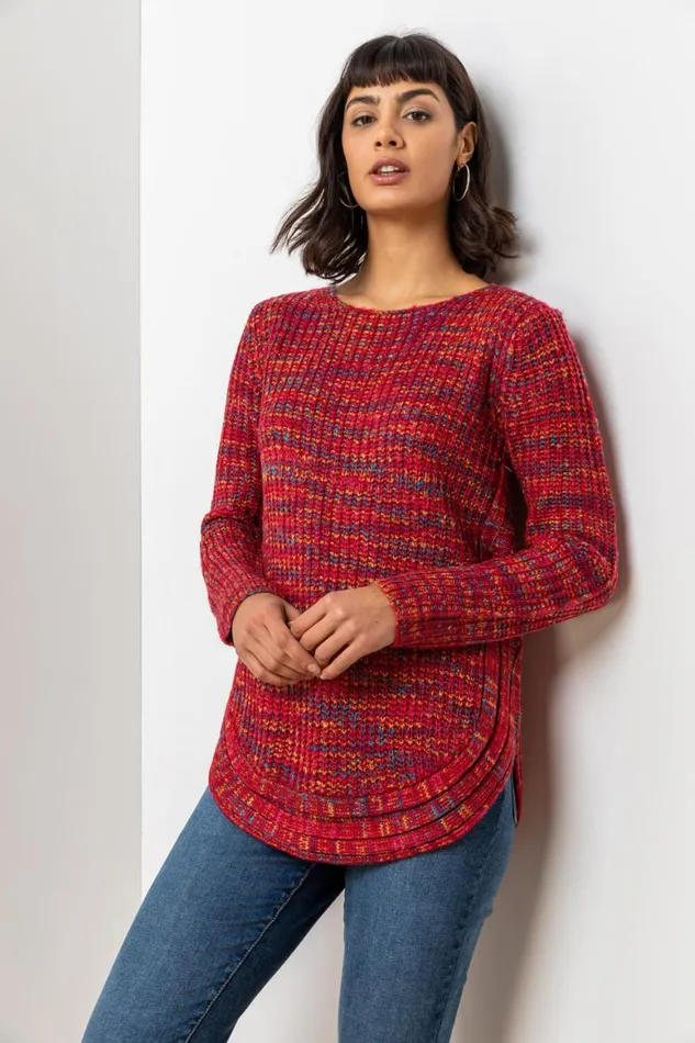 Women Red Curved Hem Stitch Detail Jumper Roman Knitwear