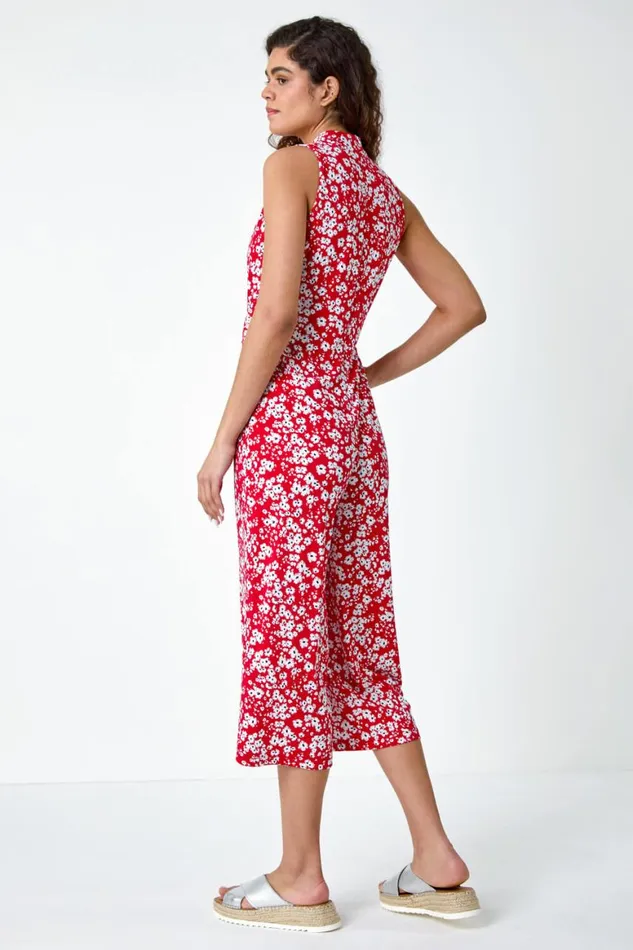 Women Red Ditsy Floral Wide Leg Stretch Jumpsuit Roman Dresses