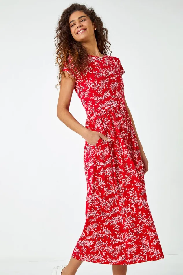 Women Red Ditsy Gathered Skirt Stretch Midi Dress Roman Dresses