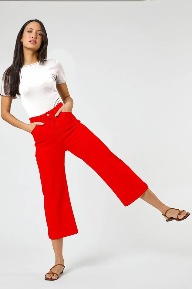 Women Red Elastic Waist Wide Leg Cropped Denim Culottes Roman Trousers
