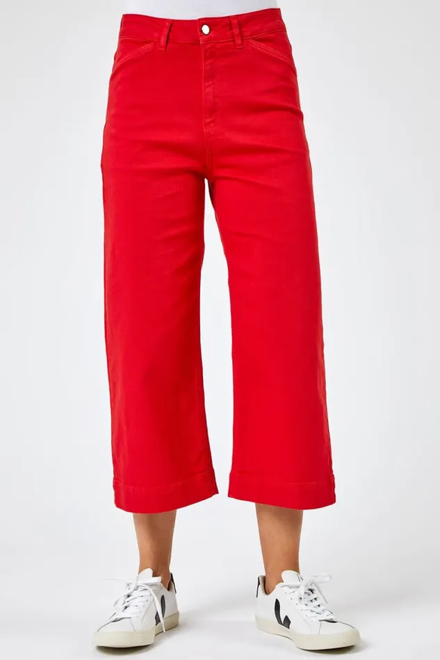 Women Red Elastic Waist Wide Leg Cropped Denim Culottes Roman Trousers