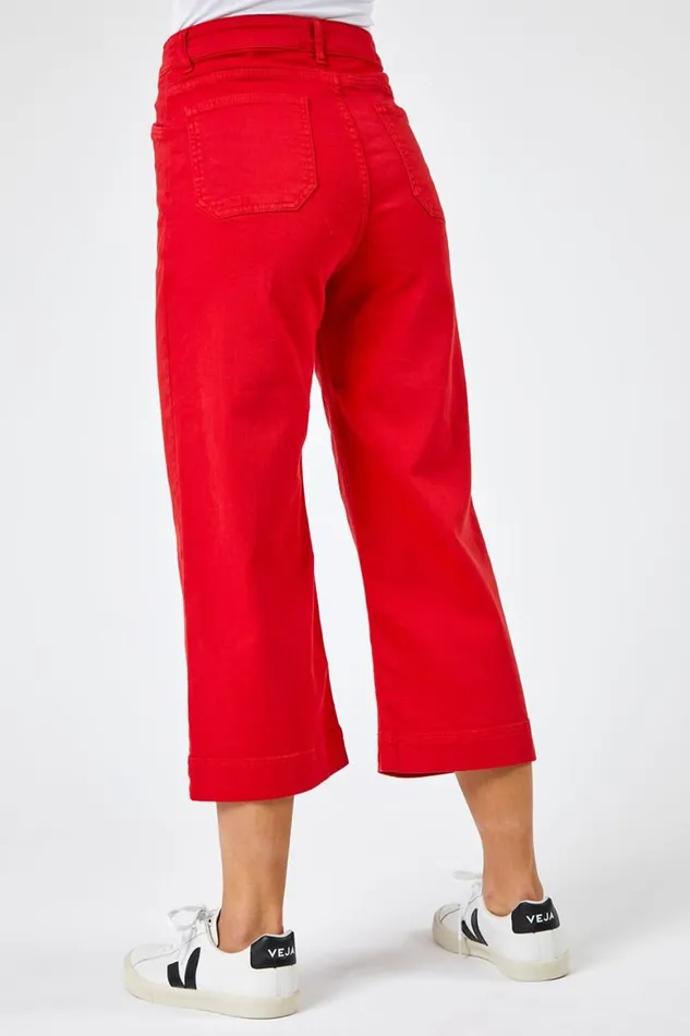 Women Red Elastic Waist Wide Leg Cropped Denim Culottes Roman Trousers