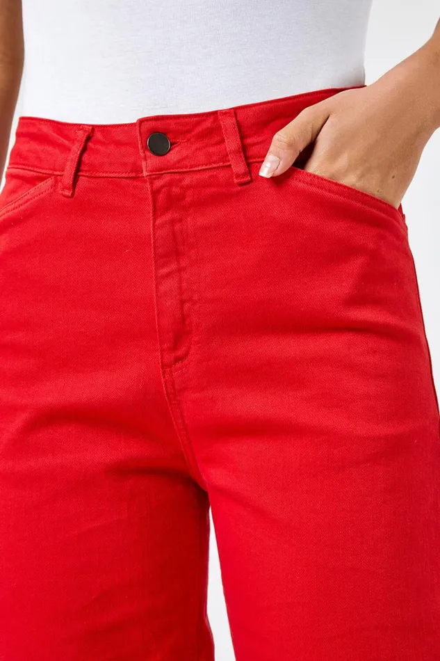Women Red Elastic Waist Wide Leg Cropped Denim Culottes Roman Trousers