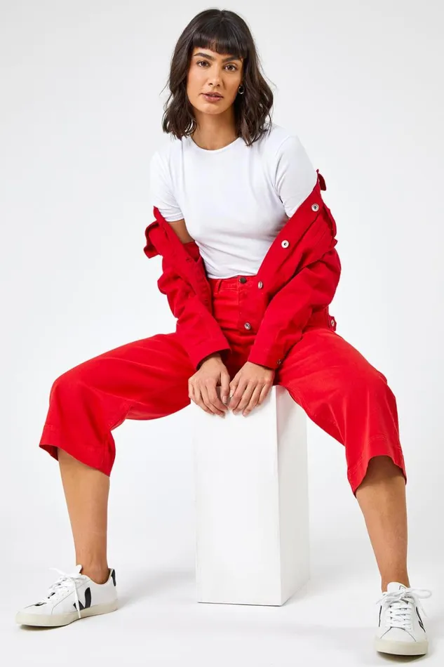 Women Red Elastic Waist Wide Leg Cropped Denim Culottes Roman Trousers