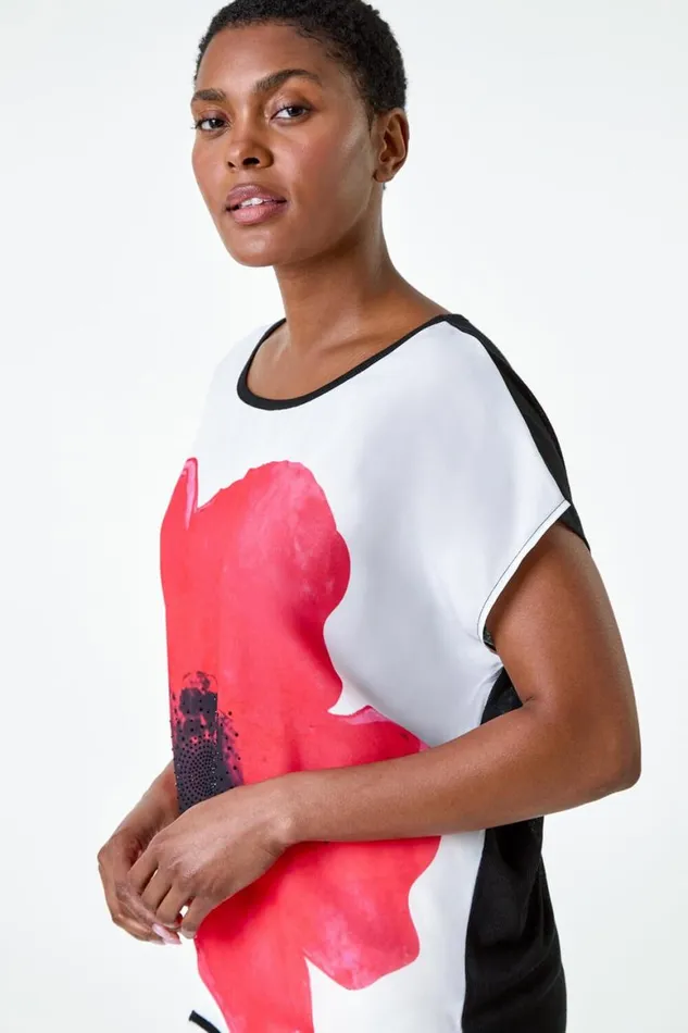Women Red Floral Embellished Longline Stretch Top Roman Tops
