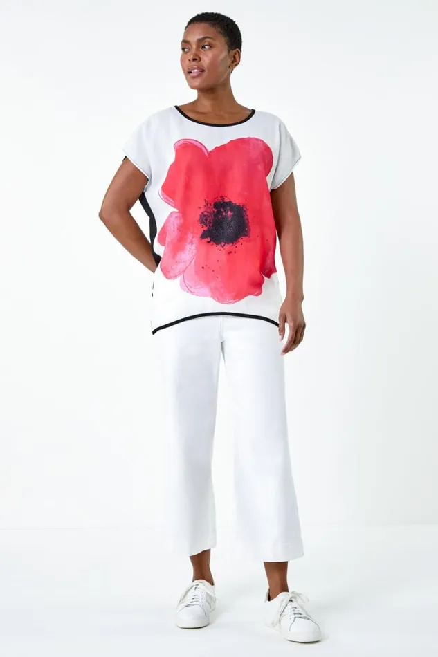 Women Red Floral Embellished Longline Stretch Top Roman Tops