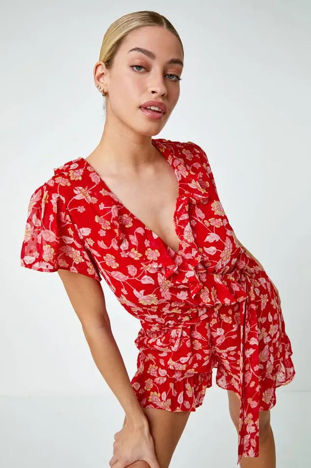 Women Red Floral Frill Wrap Playsuit Roman Dresses