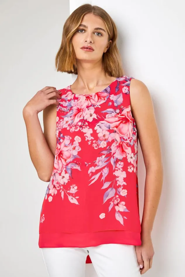 Women Red Floral Print Chiffon Overlay Top Roman Tops