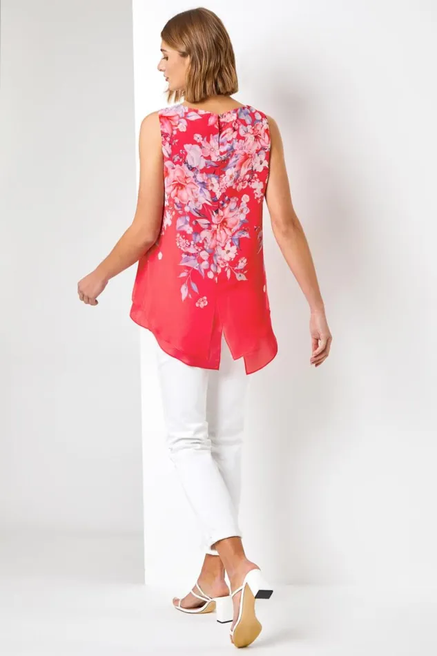 Women Red Floral Print Chiffon Overlay Top Roman Tops