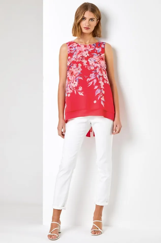 Women Red Floral Print Chiffon Overlay Top Roman Tops