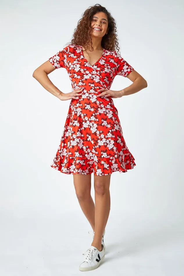 Women Red Floral Print Wrap Stretch Dress Roman Dresses