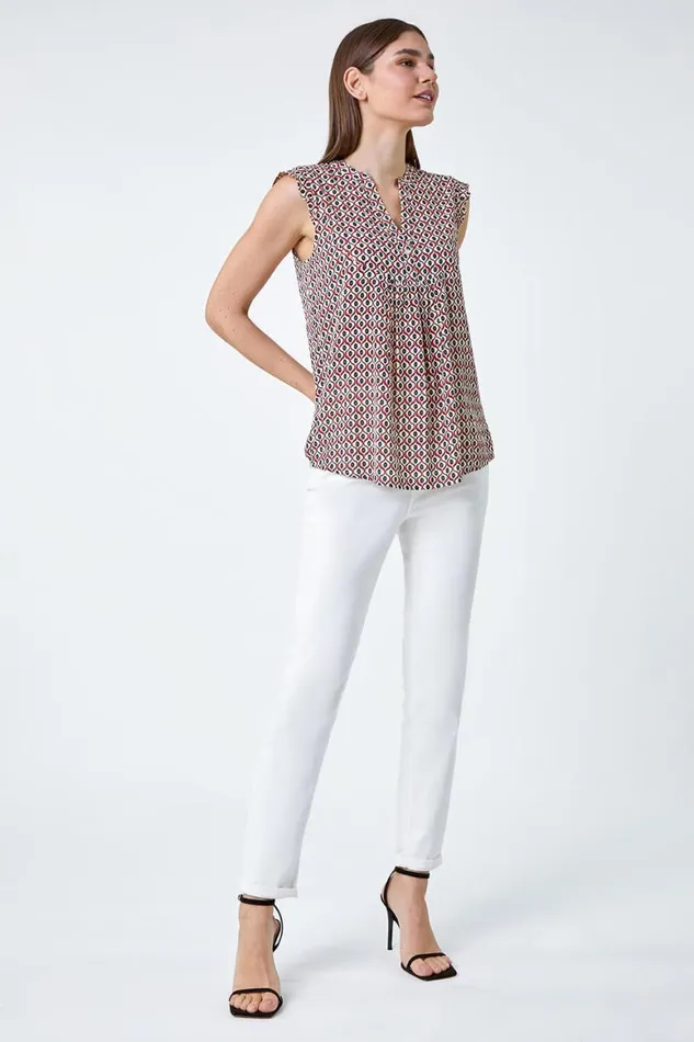 Women Red Geometric Print Frill Blouse Roman Tops