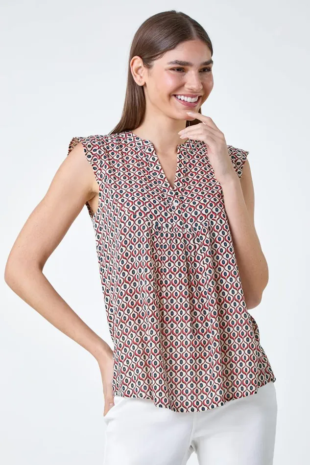 Women Red Geometric Print Frill Blouse Roman Tops