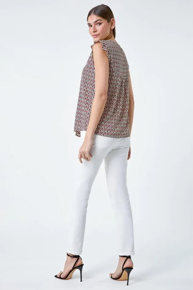 Women Red Geometric Print Frill Blouse Roman Tops