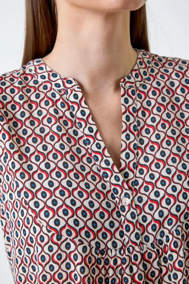 Women Red Geometric Print Frill Blouse Roman Tops