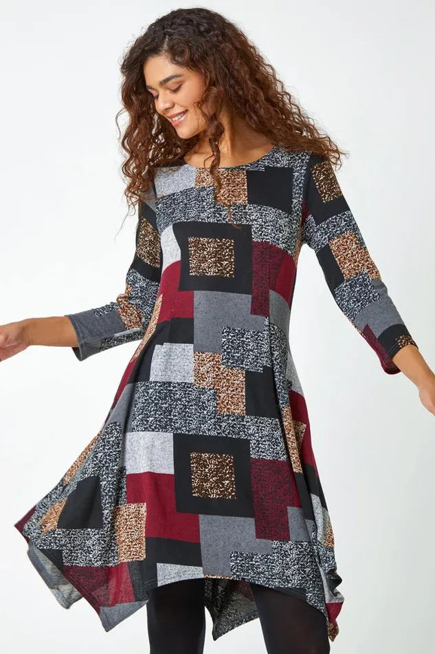 Women Red Patchwork Pocket Detail Stretch Dress Roman Dresses