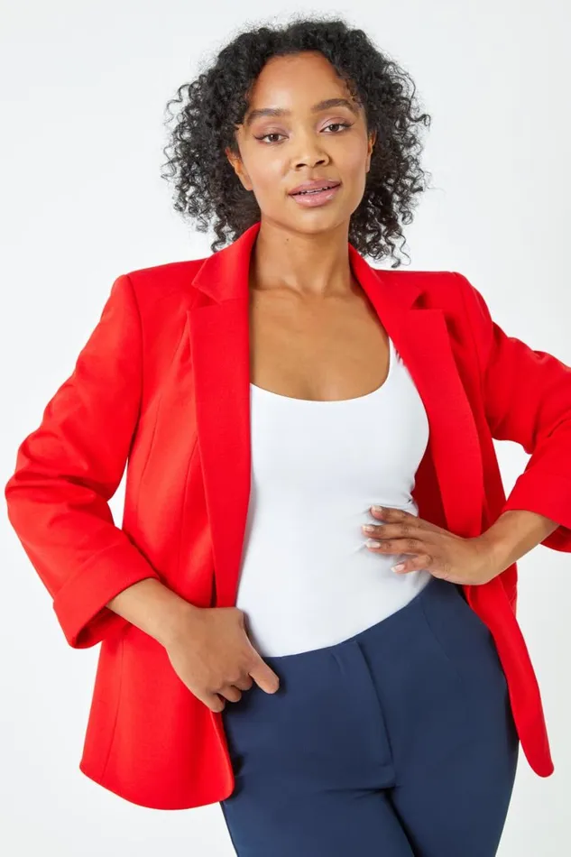Women Red Petite 34 Sleeve Classic Stretch Blazer Roman Jackets