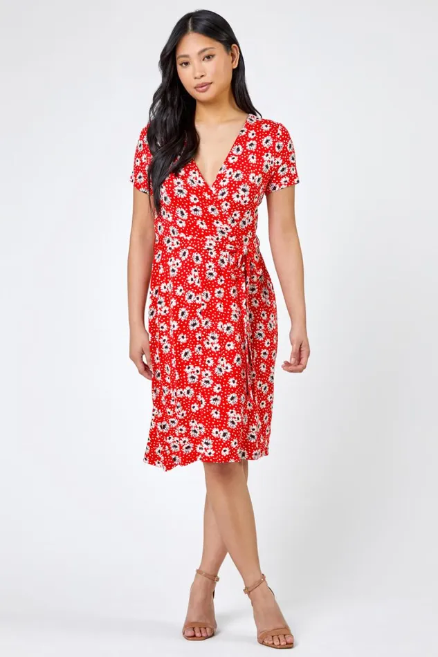 Women Red Petite Floral Jersey Wrap Dress Roman Dresses