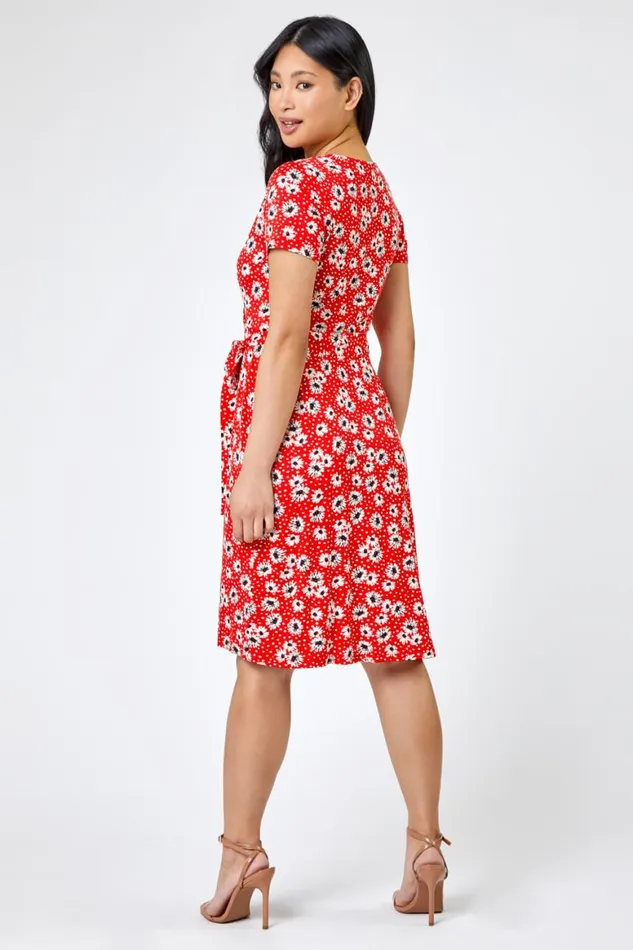 Women Red Petite Floral Jersey Wrap Dress Roman Dresses