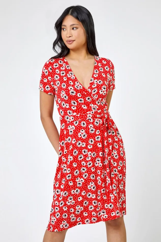 Women Red Petite Floral Jersey Wrap Dress Roman Dresses