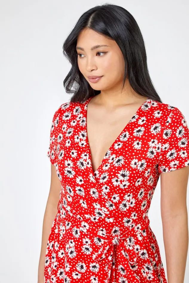 Women Red Petite Floral Jersey Wrap Dress Roman Dresses
