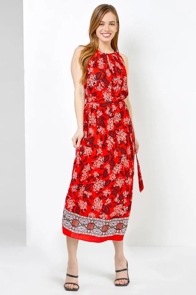 Women Red Petite Floral Print Halter Neck Dress Roman Dresses