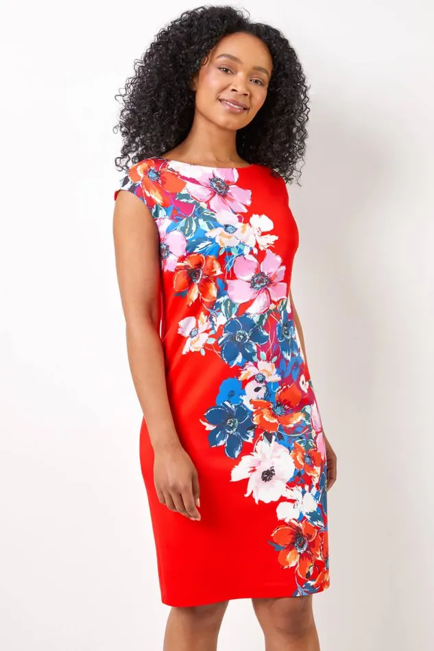 Women Red Petite Floral Print Premium Stretch Dress Roman Dresses