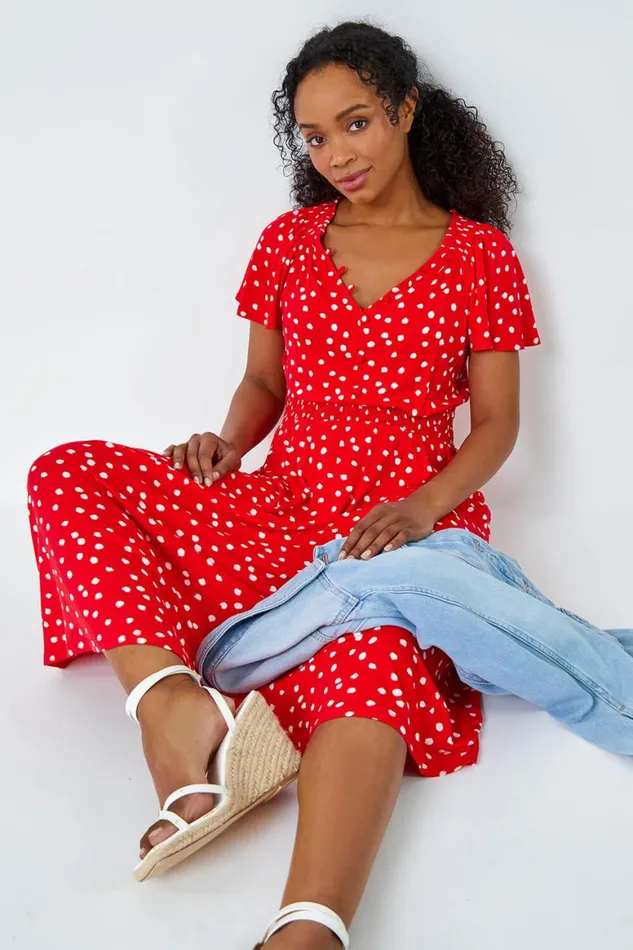 Women Red Petite Polka Dot Button Stretch Midi Dress Roman Dresses