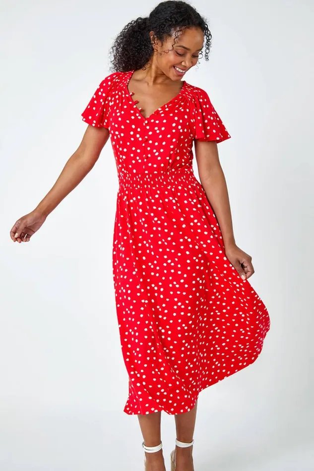 Women Red Petite Polka Dot Button Stretch Midi Dress Roman Dresses