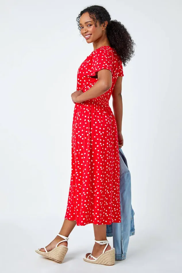 Women Red Petite Polka Dot Button Stretch Midi Dress Roman Dresses