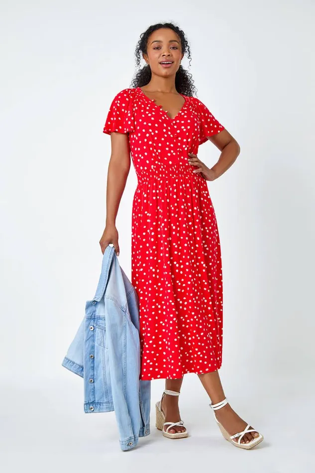 Women Red Petite Polka Dot Button Stretch Midi Dress Roman Dresses