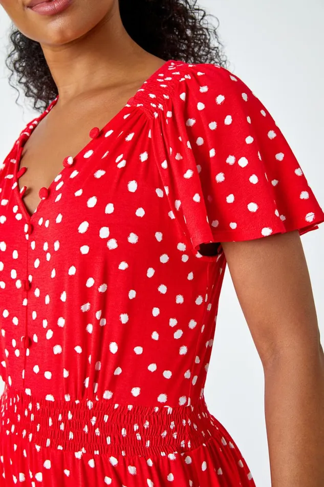 Women Red Petite Polka Dot Button Stretch Midi Dress Roman Dresses