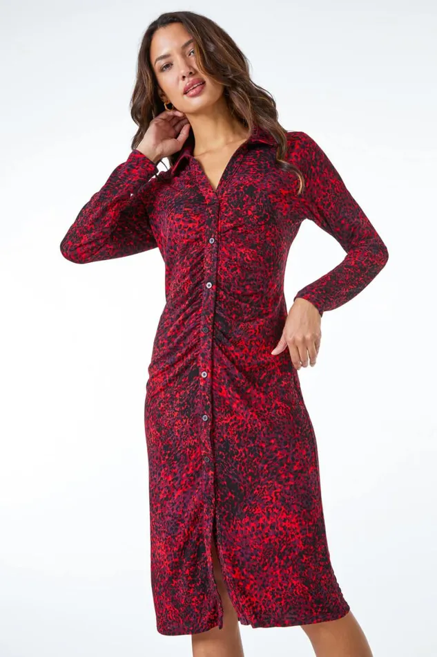 Women Red Ruched Front Stretch Leopard Print Dress Roman Dresses
