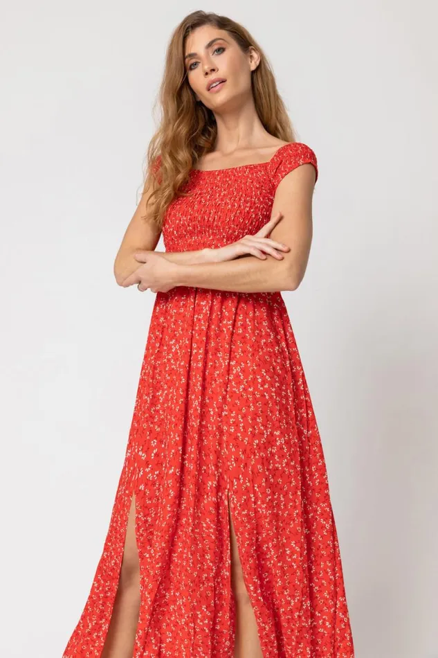 Women Red Shirred Ditsy Floral Print Bardot Dress Roman Dresses