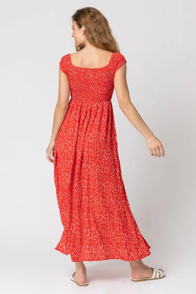 Women Red Shirred Ditsy Floral Print Bardot Dress Roman Dresses