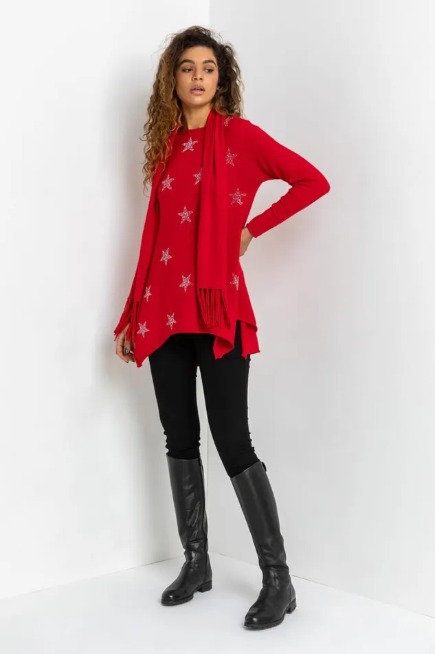 Women Red Star Print Knitted Tunic With Tassel Scarf Roman Knitwear
