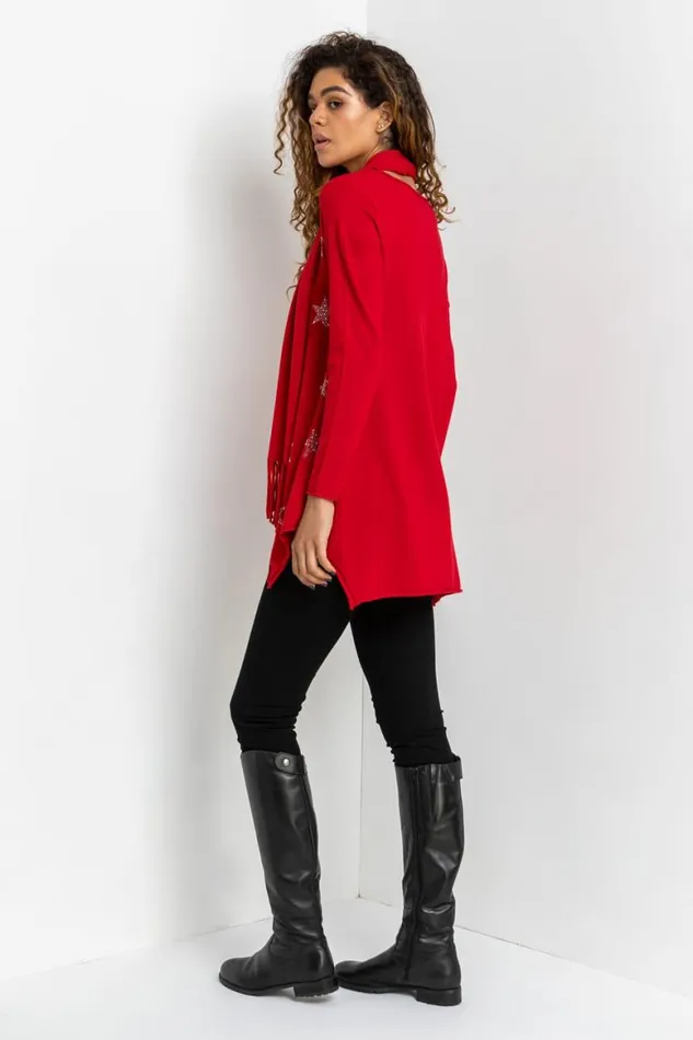 Women Red Star Print Knitted Tunic With Tassel Scarf Roman Knitwear