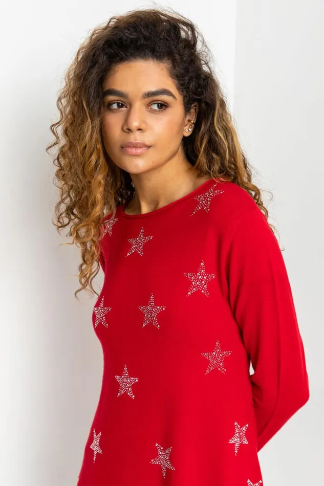 Women Red Star Print Knitted Tunic With Tassel Scarf Roman Knitwear