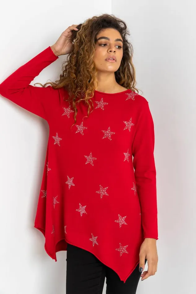Women Red Star Print Knitted Tunic With Tassel Scarf Roman Knitwear